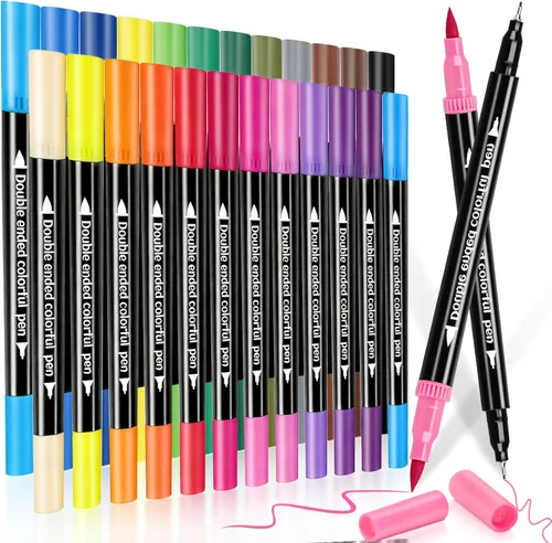 Rotuladores dobles de 24 colores, marcadores artísticos de colores para libros de colorear para adultos, pincel y punta fina, juego de marcadores de