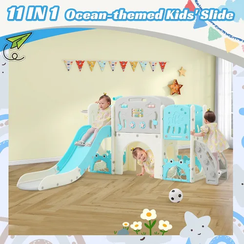 Miniatura 6 de Tobogán infantil 11 en 1, tobogán para niños pequeños de 1 a 3 años con telescopio, aro de baloncesto y telescopio, juego para interiores y Azul