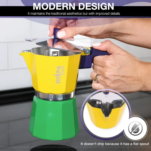 Miniatura 2 de Cafetera de café expreso para estufa, 3 tazas de café expreso (6 onzas), aluminio, plata, verde, azul y amarillo, con temática brasileña, cafetería
