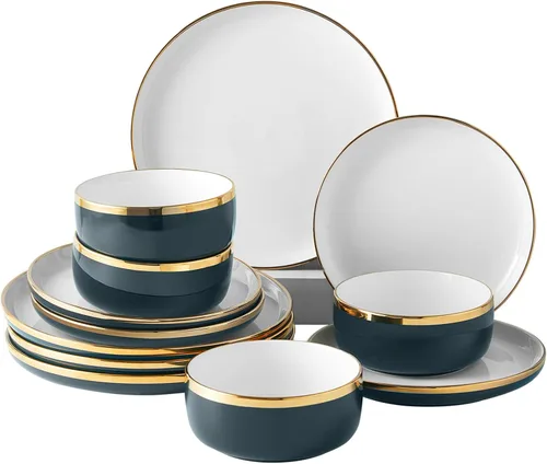 Pokini Juego de vajilla de porcelana, juego de 12 platos y cuencos de porcelana de lujo, juego de platos verdes con borde dorado para boda,