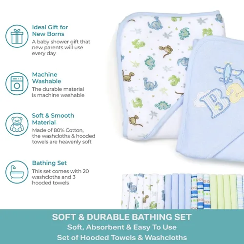 Miniatura 4 de Spasilk Juego de toallas y paños de baño con capucha para bebés, juego de regalo de 23 piezas, color azul
