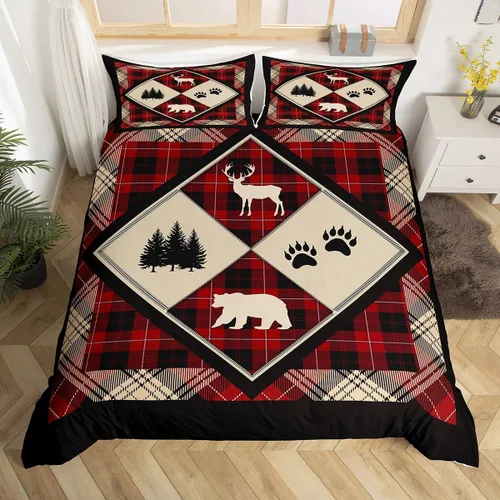 Funda de edredón de oso y ciervo, tamaño matrimonial, estampado de patas de animales salvajes de pino abstracto, funda de edredón de 3 piezas con 2