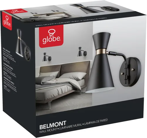 Miniatura 7 de Globe Electric 65855 Belmont - Aplique de pared con 1 luz, negro satinado, detalles dorados Belmont (negro mate)