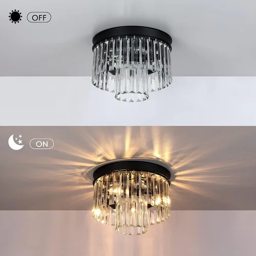 Miniatura 4 de MEXO Lámpara de techo de cristal empotrada con acabado negro, lámpara de cristal de 2 niveles para sala de estar, dormitorio, comedor, pasillo