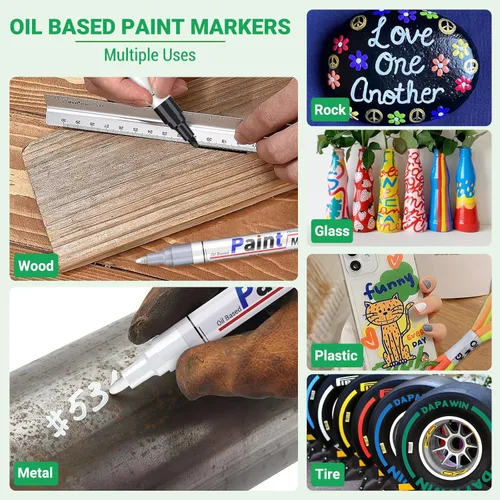 Miniatura 6 de Bolígrafo de pintura a base de aceite, marcador de pintura permanente: secado rápido, impermeable, juego de 12 para pintura de roca, vidrio, tela