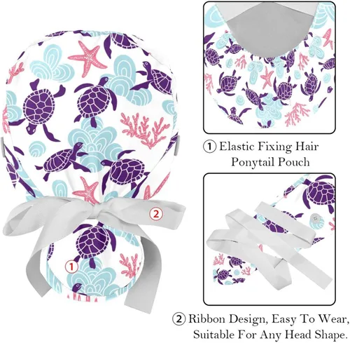 Miniatura 4 de 2 gorras de trabajo para mujer con botón Ocean Turtle cubierta de pelo largo cinta con cordones