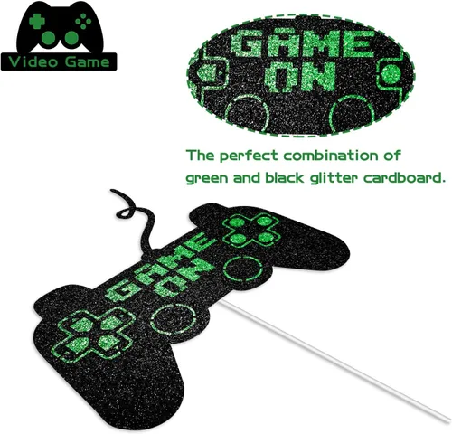 Miniatura 3 de Game On Big Cake Topper – Controlador de videojuegos dorado negro y verde para decoración de pasteles para niños y niños, suministros de fiesta