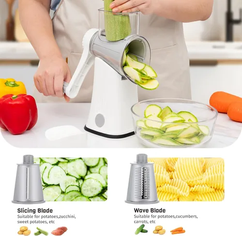 Miniatura 3 de Rallador de Queso Giratorio 5 en 1 con Manivela Manual, Rebanadora Trituradora de Verduras con 5 Cuchillas Intercambiables, Ralladores para Cocina
