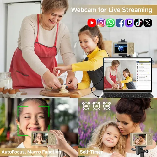 Miniatura 6 de Cámara digital, cámara digital FHD 4K 44MP con enfoque automático con tarjeta SD de 64GB, zoom digital 16X, cámaras doradas para fotografía, cámara