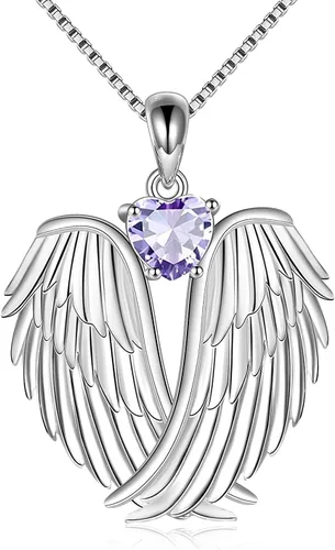 YFN Collar de alas de ángel de plata de ley 925 con colgante de alas de ángel de la guarda, collar de piedra natal para mujeres y niñas, regalos de
