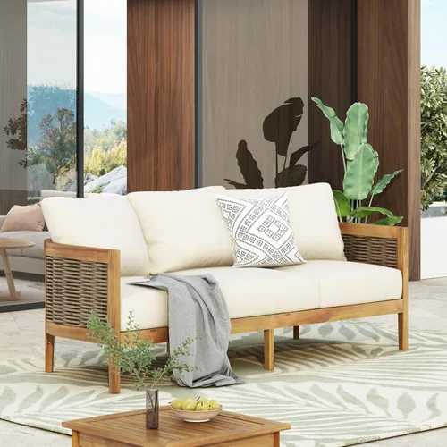 Miniatura 3 de Merax Sofá de mimbre de madera de acacia al aire libre de 76.5 pulgadas, sofá de 3 plazas para patio trasero