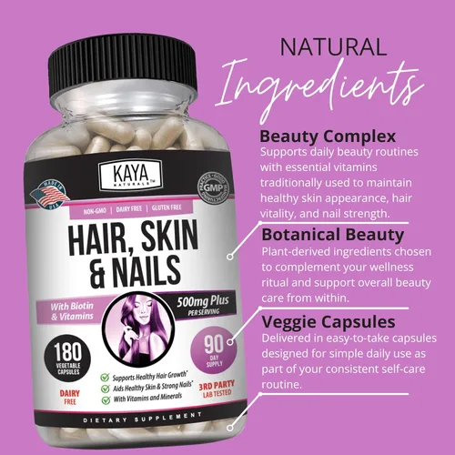Miniatura 5 de Kaya Naturals Cápsulas de uñas para el cabello y la piel BIOTINA Vitamina D Vitamina B-12 A Soporte de ácido fólico, suplemento vitamínico de apoyo