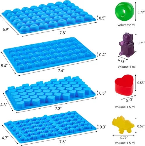 Miniatura 2 de Puyeipt 4 moldes de silicona para gomitas, 201 cavidades, antiadherentes, tamaño mini, para osos de goma, dinosaurios, corazones y donas, con 2