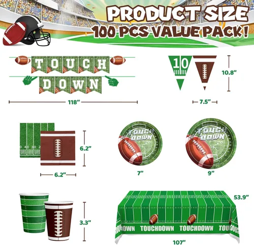 Miniatura 3 de Decoraciones para fiestas de fútbol – 100 piezas de suministros para fiestas que sirven 24, pancartas de retocar, platos, mantel, taza y servilletas