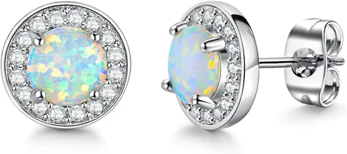 Aretes de ópalo chapados en oro blanco para mujeres y niñas, aretes de ópalo con halo de circonita cúbica para mujer, Metal, Ópalo creativo