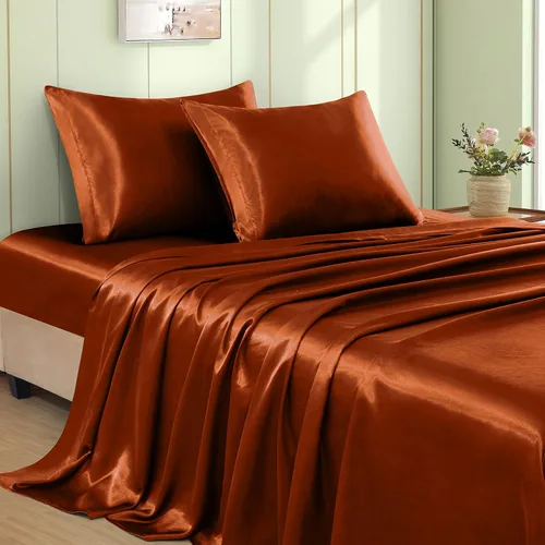 Miniatura 18 de VACVELT Juego de 3 sábanas de satén color beige tamaño individual, juego de ropa de cama, sábana bajera de satén sedoso con bolsillo profundo de 15