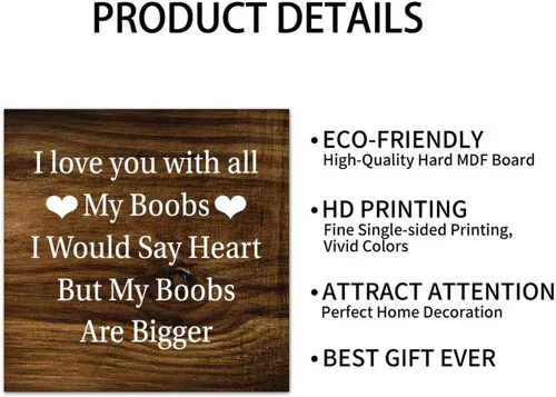 Miniatura 7 de LITTLEGROVE SEEDS Letreros de madera con texto en inglés "I Love You With All My Boobs, placa de madera divertida, motivacional, decoración de pared