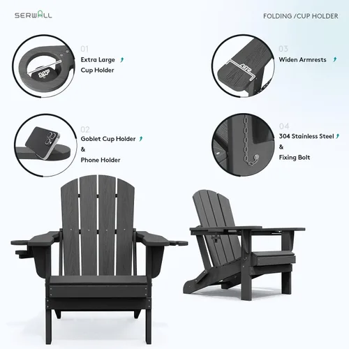 Miniatura 5 de SERWALL Silla Adirondack plegable, Silla Adirondack HDPE con textura de madera - gris
