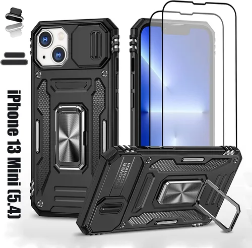 Funda resistente para Apple iPhone 13 Mini, protección híbrida de goma de doble capa de grado militar con protector de cámara deslizante, soporte