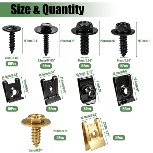 Miniatura 2 de 60Pcs U-Nut Clips and Body Bolts Screws Assortment Kit, 10 Sizes Auto Car U Clips Fender Liner Screw for Most Cars Bumper Engine Splash Shield