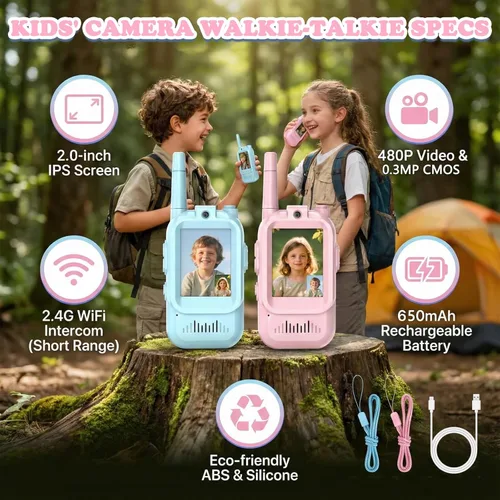 Miniatura 7 de Walkie Talkies de video para niños, walkie talkies de video en tiempo real para niños, 2 unidades, pantalla IPS de 2.0 pulgadas y alcance de 1,312.3