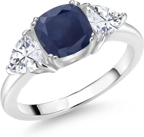 Miniatura 19 de 925 Sterling Silver Gemstone Birthstone and White Moissanite 3-Stone Engagement Ring for Women 7MM Cushion and 5MM Trillion Accents Three Stone