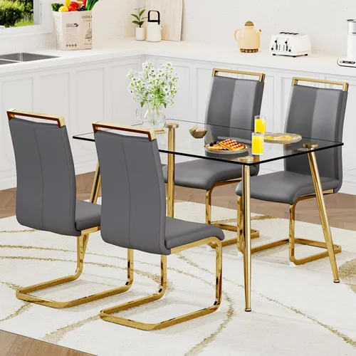 Miniatura 22 de Juego de mesa de comedor de vidrio Ebullient para 4, mesa de 51" de vidrio templado transparente con patas de metal negro y 4 sillas de acrílico