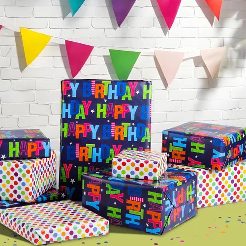 Miniatura 5 de woric Papel de regalo reversible de cumpleaños para niños y niñas, 17 pulgadas x 36 pies, papel de regalo con letras de feliz cumpleaños para azul