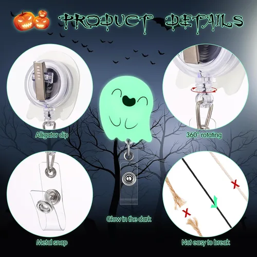 Miniatura 4 de Fulmoon Carrete retráctil de insignia de Halloween, 6 unidades, que brilla en la oscuridad, soporte para identificación de enfermera con clip