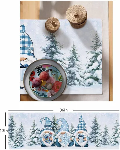 Miniatura 6 de Camino de mesa azul de Navidad de 36 pulgadas, corto, de lino de algodón, cocina, comedor, mesa de café, decoración de tocador, camino de mesa