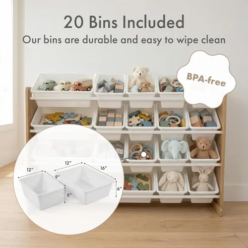 Miniatura 3 de Humble Crew Organizador de juguetes extra grande con 20 contenedores de plástico – Estantería de almacenamiento color natural/blanco con 4 estantes
