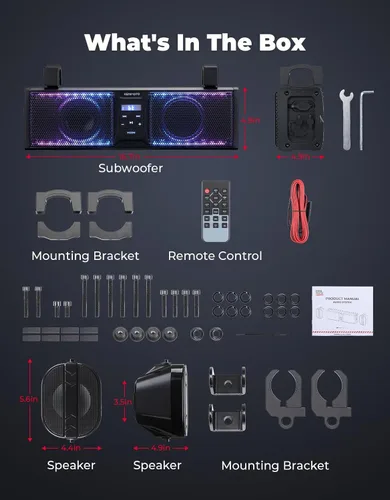Miniatura 8 de KEMIMOTO Sistema de barra de sonido UTV de 2.1 canales, barra de sonido ATV de 17 pulgadas con luces RGB BT5.3 IP66 impermeable, subwoofer de techo