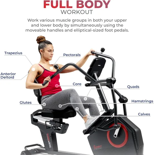 Miniatura 4 de Sunny Health & Fitness Elite Bicicleta reclinada de entrenamiento cruzado y máquina elíptica con ejercitadores de brazos para entrenamiento