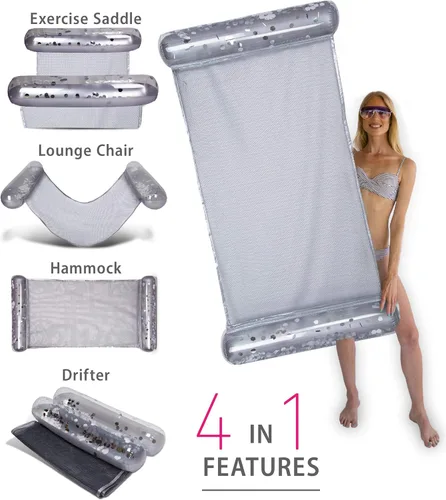 Miniatura 4 de POZA Hamaca inflable de agua – Lujosa tumbona flotante de piscina rellena de confeti, silla de ejercicio 4 en 1, silla de descanso, hamaca y plateado