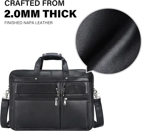 Miniatura 3 de Maletín de cuero de grano completo para hombre grande de 17 pulgadas de viaje de negocios bolsa de mensajero portátil con cremalleras de metal YKK