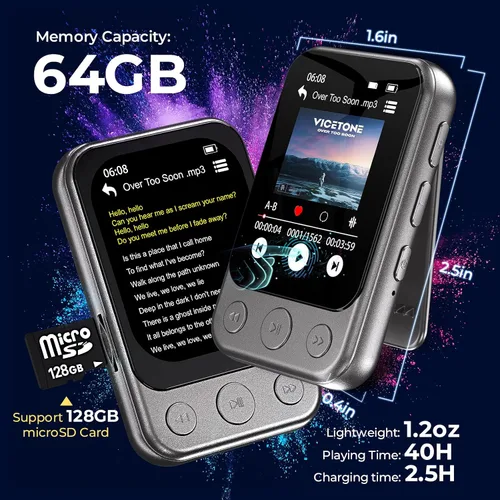 Miniatura 4 de Reproductor MP3 de 64 GB con clip y Bluetooth 5.3, altavoz incorporado, pantalla táctil HD de 2", radio FM, grabadora de voz, reproductor de música