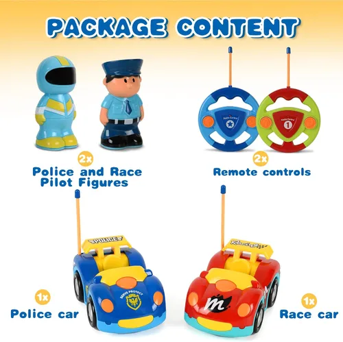 Miniatura 2 de Haktoys Carros de policía y carreras de dibujos animados a control remoto: juguetes RC para niños pequeños niños y niñas - Juego de 2 vehículos