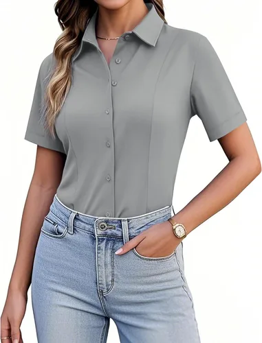 Miniatura 18 de Siliteelon Camisetas de Botón para Mujer, Ajustadas, de Manga Corta, Elásticas, Camisa de Vestir, Sin Arrugas, Sólida, Blusa de Trabajo