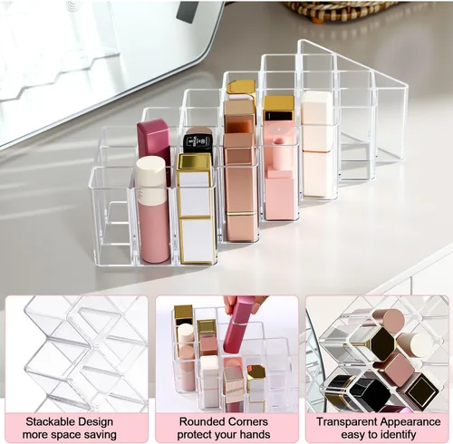 Miniatura 3 de Hoolerry Paquete de 4 soportes de acrílico para lápiz labial, 112 ranuras transparentes, organizador de brillo de labios apilables, torre de lápiz