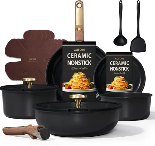 CAROTE Juego de utensilios de cocina de cerámica de 15 piezas, juego de ollas y sartenes antiadherentes, juego de cocina de cocina con mango
