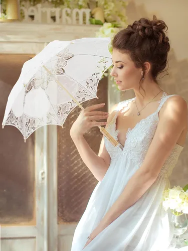 Miniatura 5 de 6 paraguas de encaje Paraguas vintage de encaje de boda con asa para dama de honor, mujeres de flores (blanco)