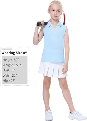 Miniatura 6 de EXARUS Camisetas polo de golf para niñas, sin mangas, cuello en V, tenis, atléticas, para ejercicio escolar de 5 a 12 años