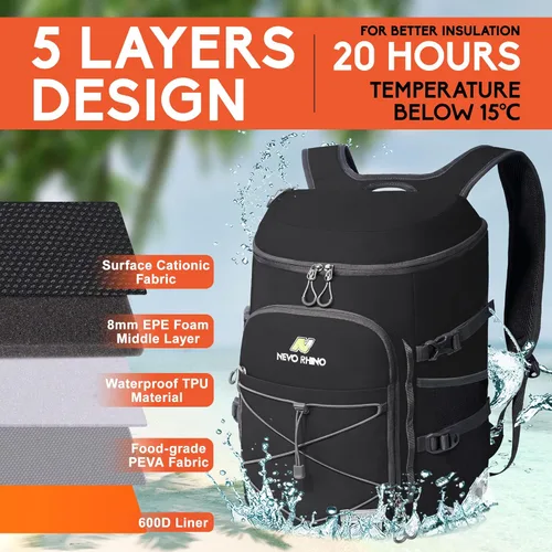 Miniatura 2 de N NEVO RHINO Mochilas Enfriadoras Aisladas a Prueba de Fugas 36/54 Latas, Mochila Enfriadora Aislada Portátil Ligera Impermeable para Hombres y Negro