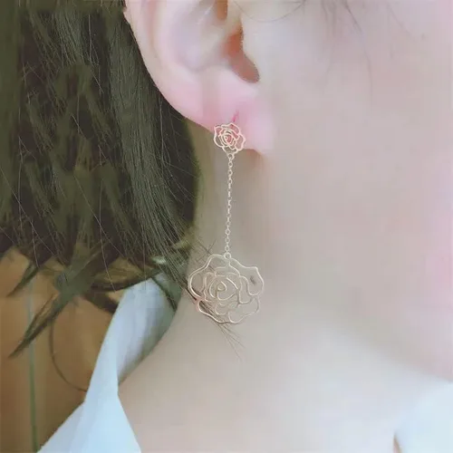 Miniatura 5 de SAGEKING 2024 New 585 Purple Gold Plated 14K Rose Gold Gift Fashion Flower Long Earrings For Women Light Luxury Wedding Jewelry For Girlfriend Gift