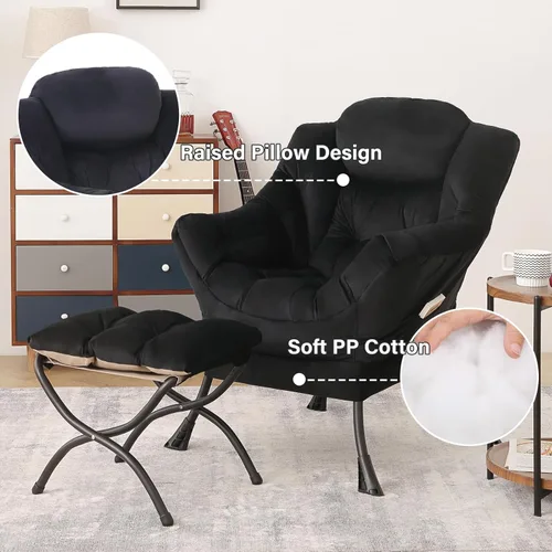Miniatura 4 de Tiita - Silla perezosa con otomana, moderna y grande, sillón de ocio con reposabrazos y bolsillo lateral, silla de sofá de lectura cómoda con Negro