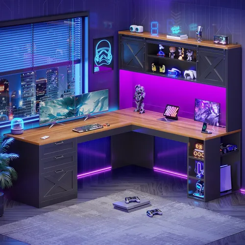 Miniatura 9 de SEDETA - Escritorio de 67 pulgadas en forma de L con gabinete, escritorios de oficina en casa con cajones y puertas correderas, escritorio esquinero