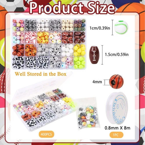 Miniatura 2 de EVERMARKET 400 cuentas de bolas deportivas para hacer joyas, cuentas deportivas acrílicas a granel, béisbol, baloncesto, fútbol, voleibol, sóftbol