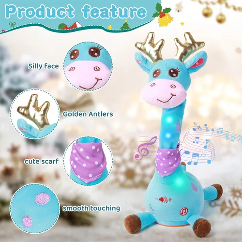 Miniatura 2 de Jirafa que habla bailando con cuernos dorados, juguete de peluche para bebé que repite lo que dices, juguete musical con cuernos dorados, regalos
