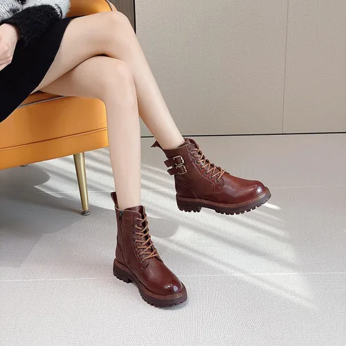 Miniatura 5 de Botines de cuero para mujer, con cordones, tacón bajo