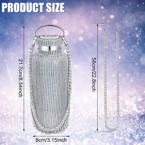 Miniatura 2 de Geiserailie Botella de agua con diamantes de imitación de acero inoxidable, térmica, recargable, aislada, con cadena, para mujeres y niñas